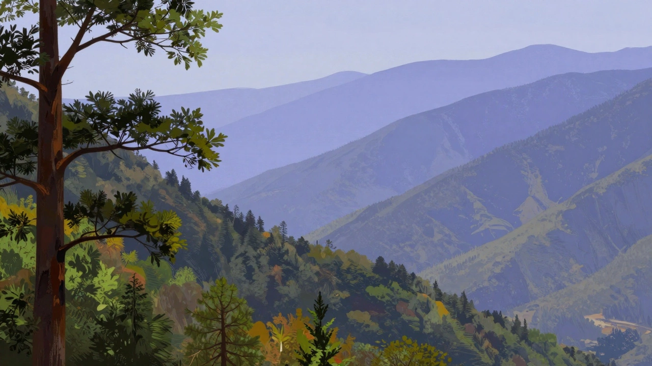 Illustration of atmospheric perspective showing a transition from warm foreground to cool distant mountains