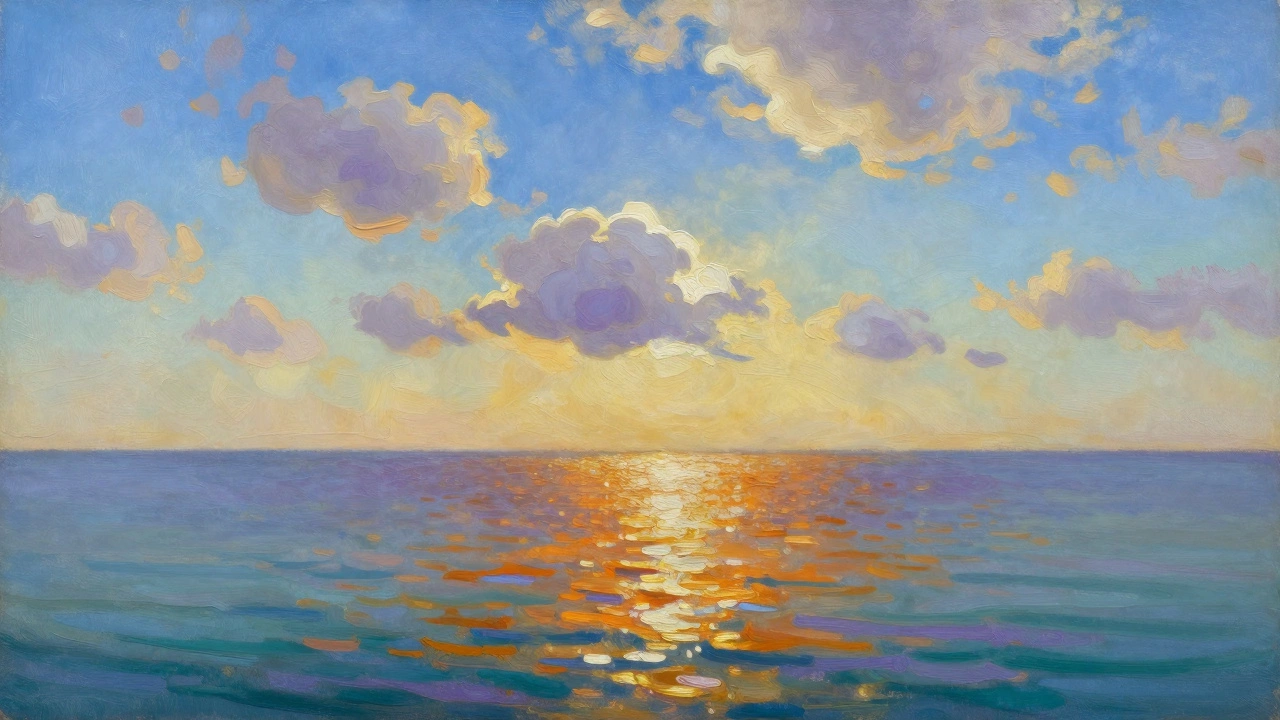 Impressionistic oil painting of a lake at sunset with a blue-to-yellow sky gradient