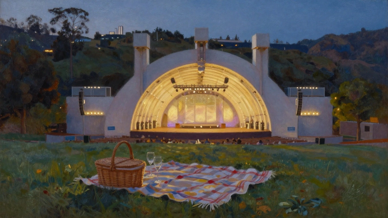 Outdoor amphitheater in the mountains with a picnic setup in the foreground at dusk.