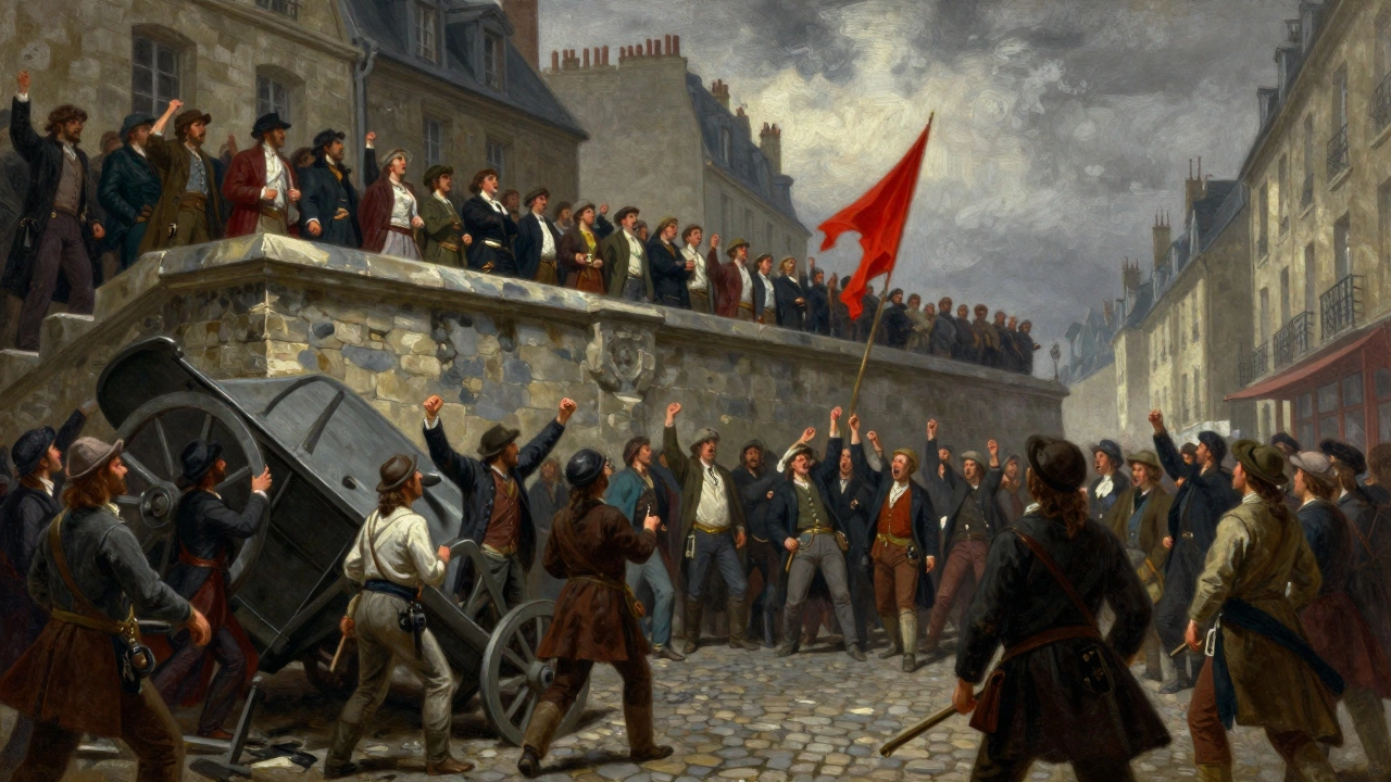 Revolutionaries gathered around a barricade in 19th-century France during a dramatic uprising.