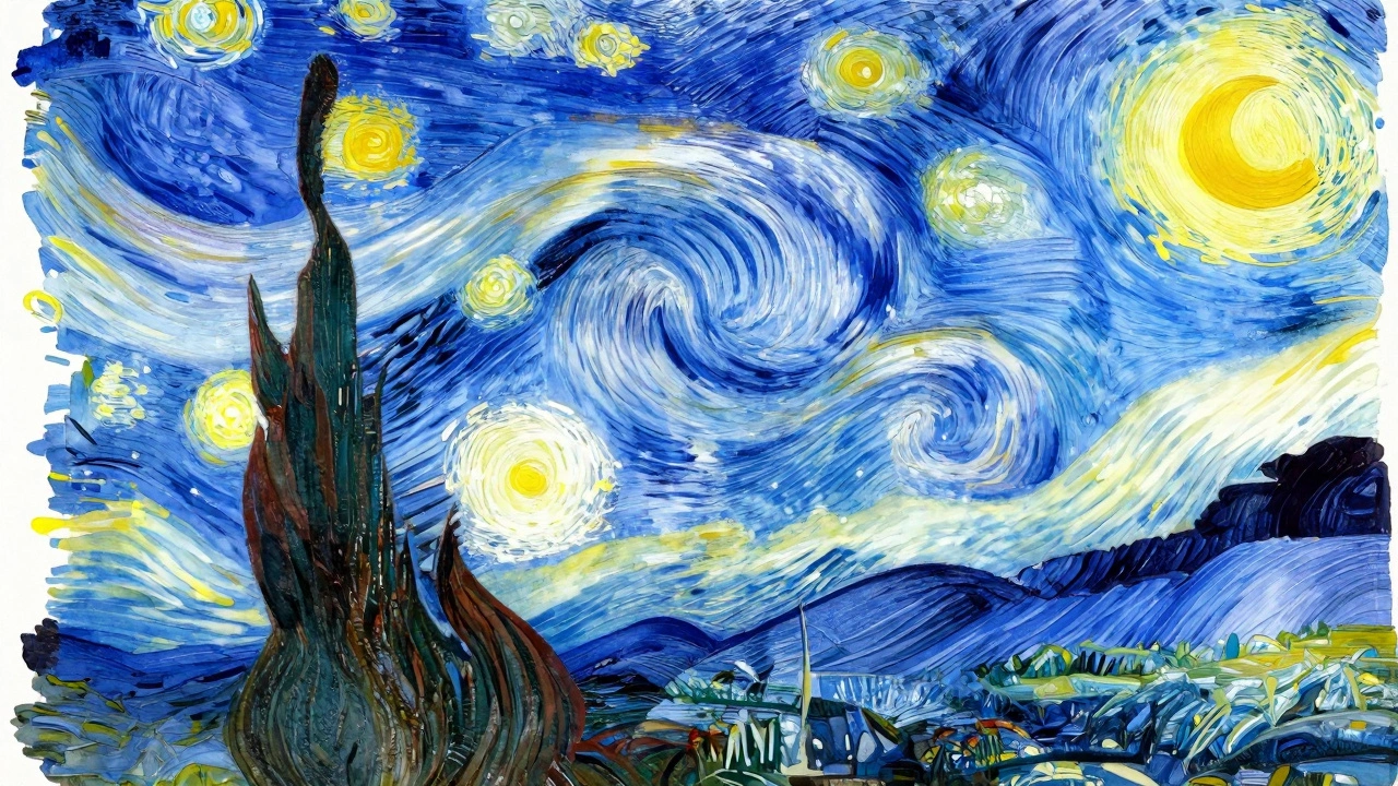 Abstract swirling strokes of yellow and blue paint creating visual tension