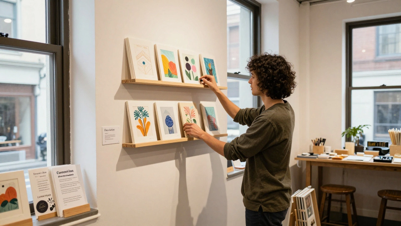 An emerging artist setting up their own modest, self-produced local art exhibition.