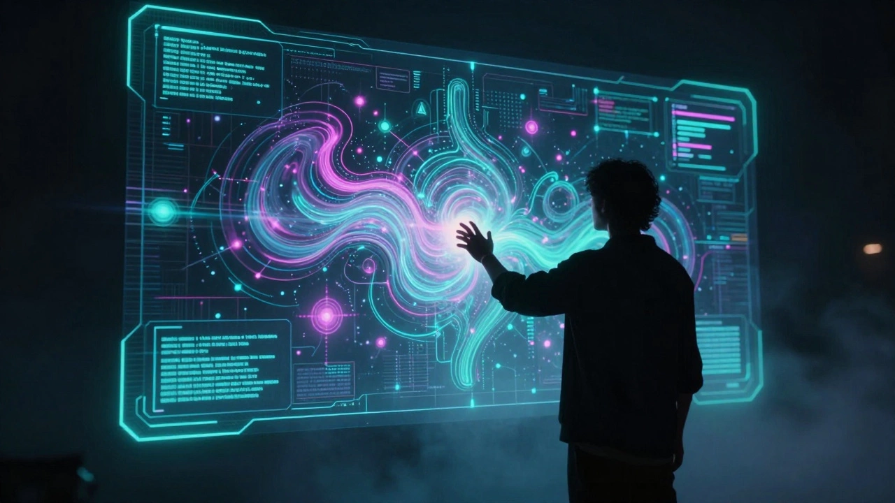 Artist interacting with holographic AI-generated art interface