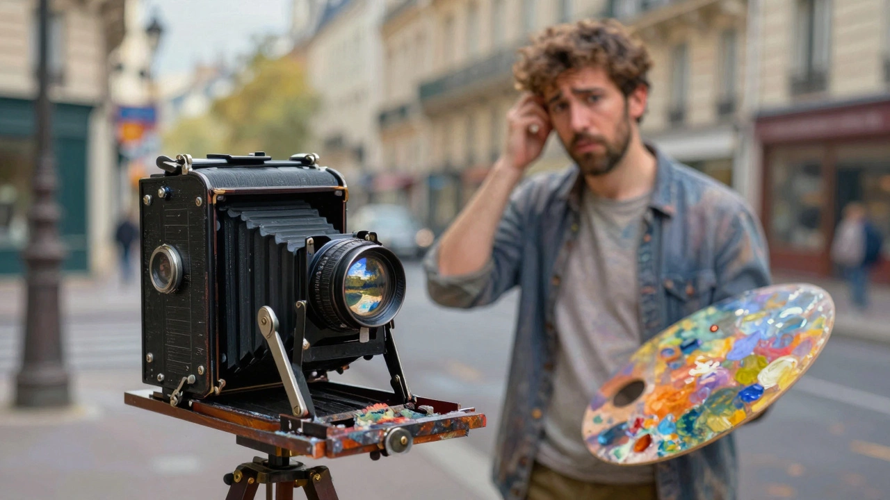 Camera replacing painter as art shifts from realism to impressionism.