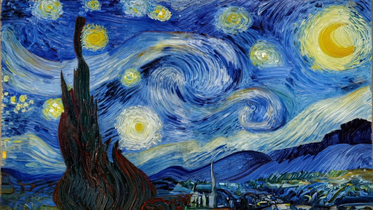 Close-up of Van Gogh's Starry Night brushstrokes