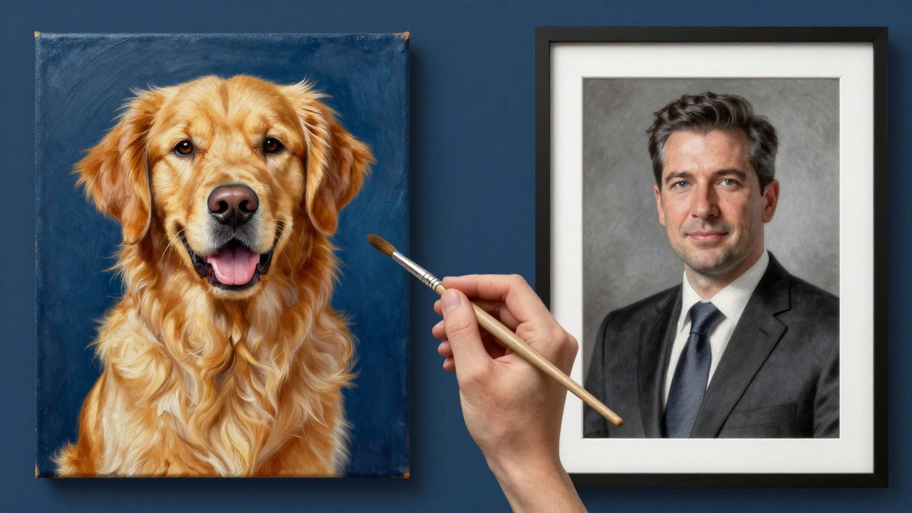 Conceptual art showing pet portrait and executive headshot niches for painters