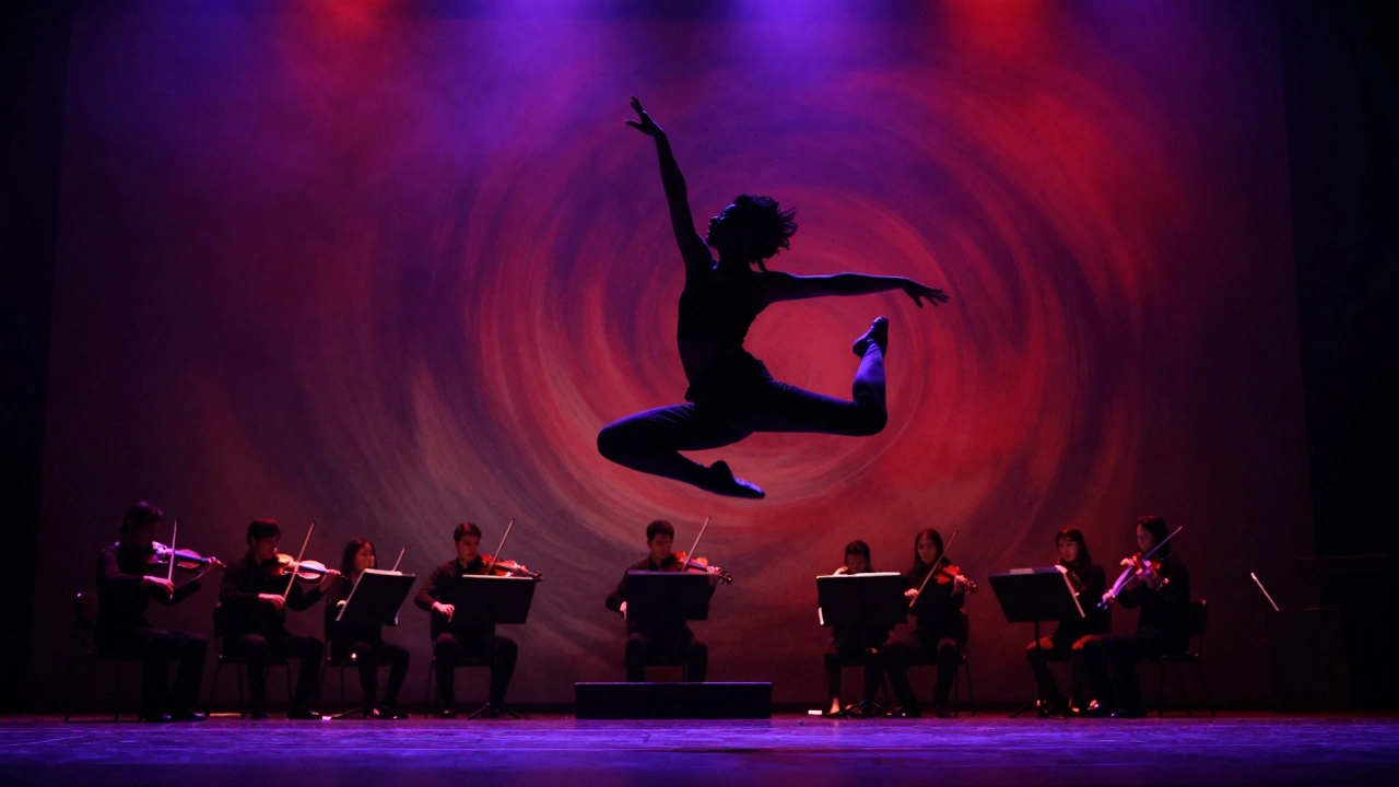 Dancer leaping on a dramatically lit theater stage with an orchestra.