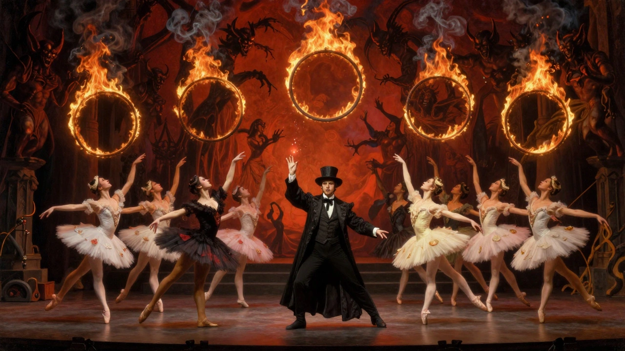 Dramatic stage scene with dancers leaping through fire hoops and a magician.
