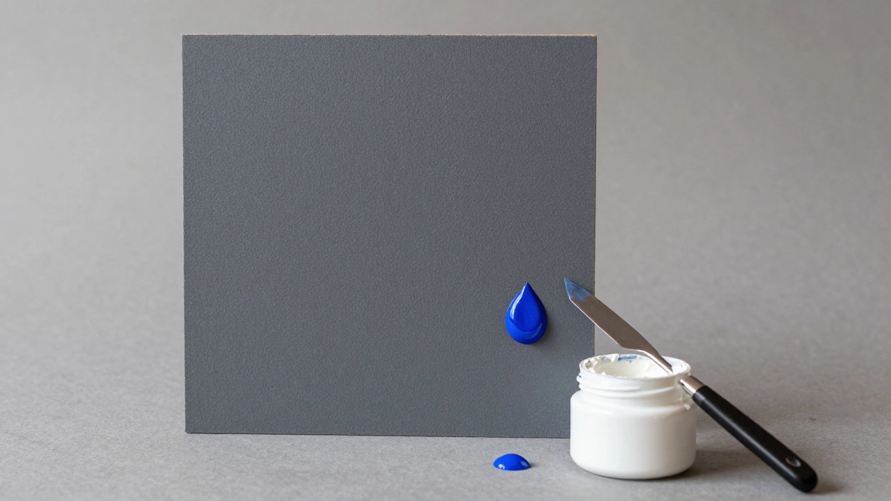 Gessoed hardboard panel with a drop of blue paint, showing an alternative painting surface.