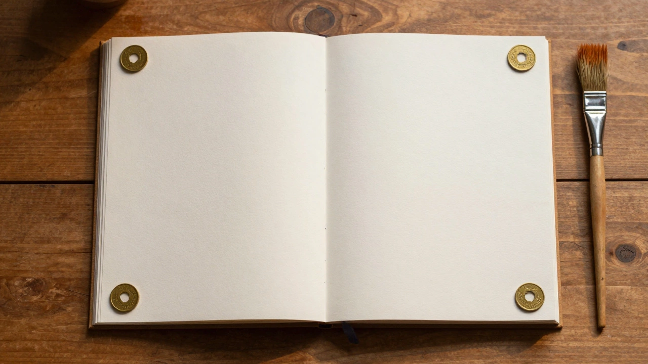 Heavyweight watercolor pad weighed down by coins, illustrating minimal prep techniques.