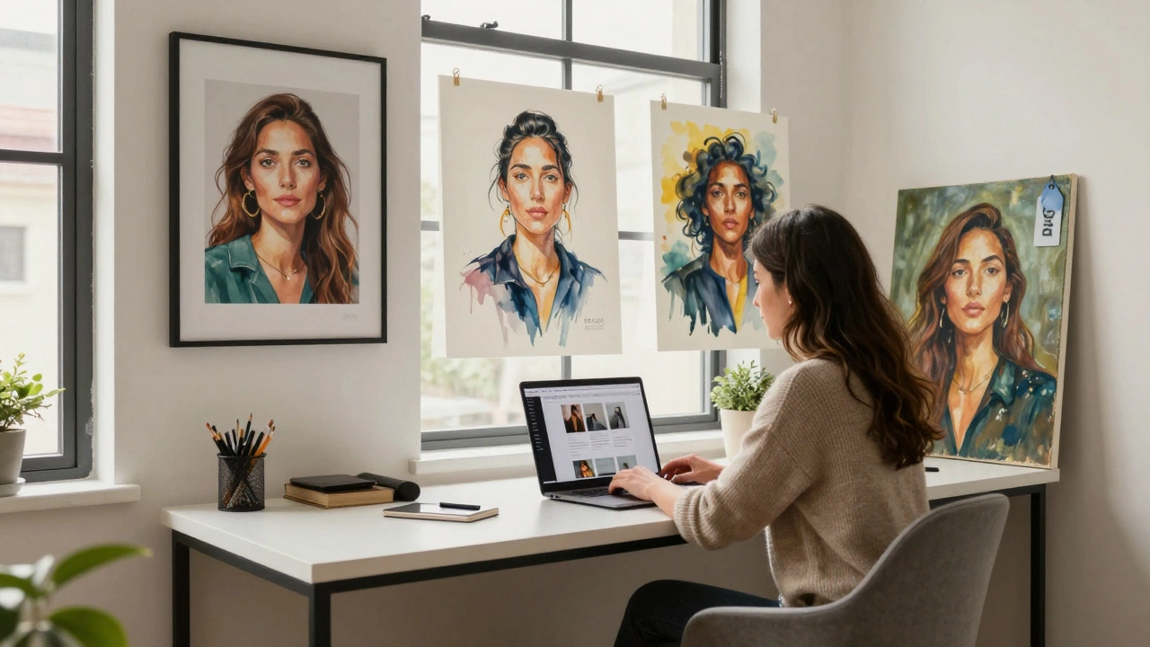Home studio with diverse finished portraits and laptop indicating online sales