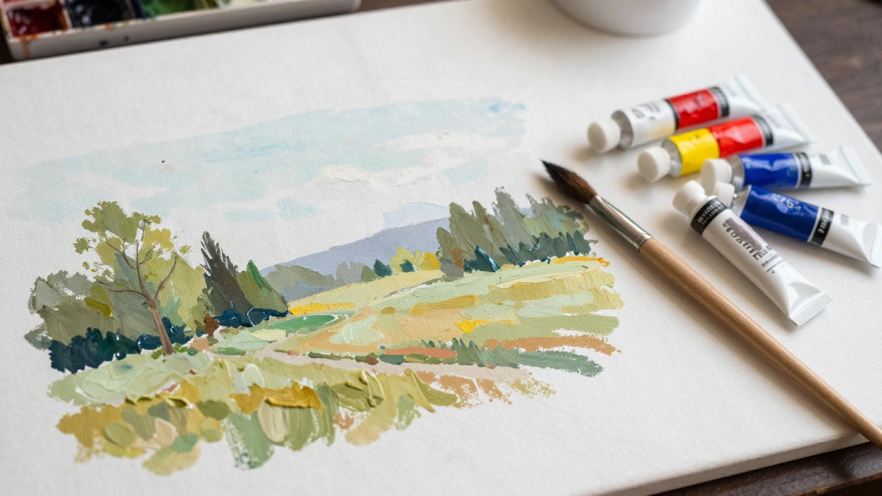 Indoor painting setup with limited palette and canvas panel