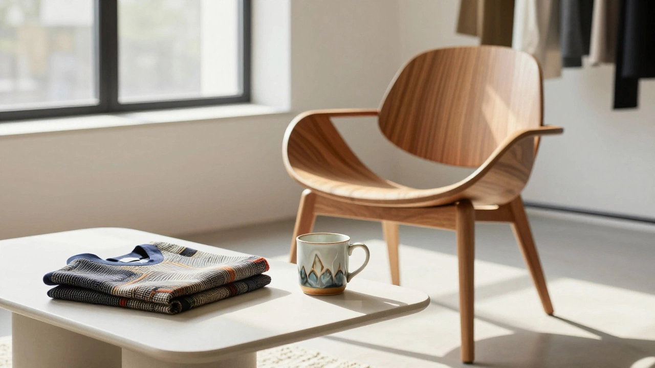 Modern furniture, ceramics, and textiles displayed in a sunlit design studio.