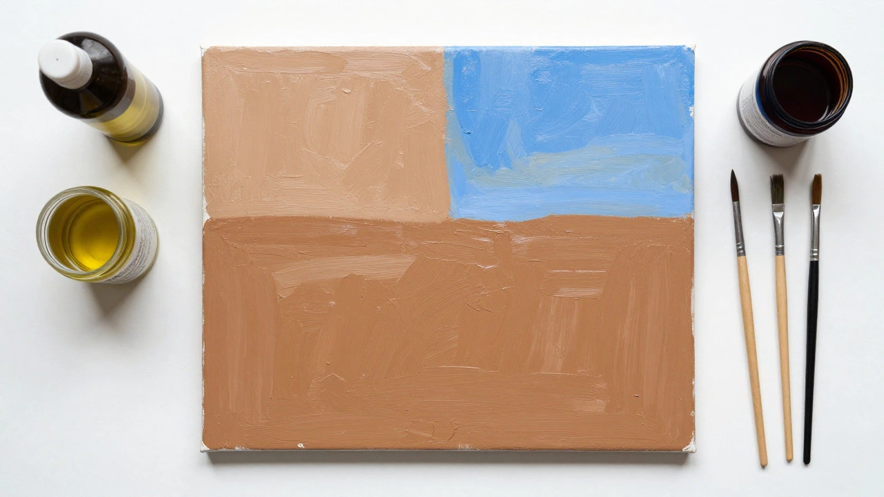 Overhead view of oil painting supplies and half-finished canvas