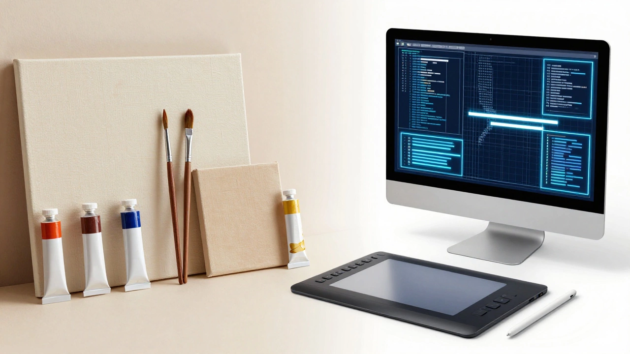 Split view transforming traditional art supplies into digital tools