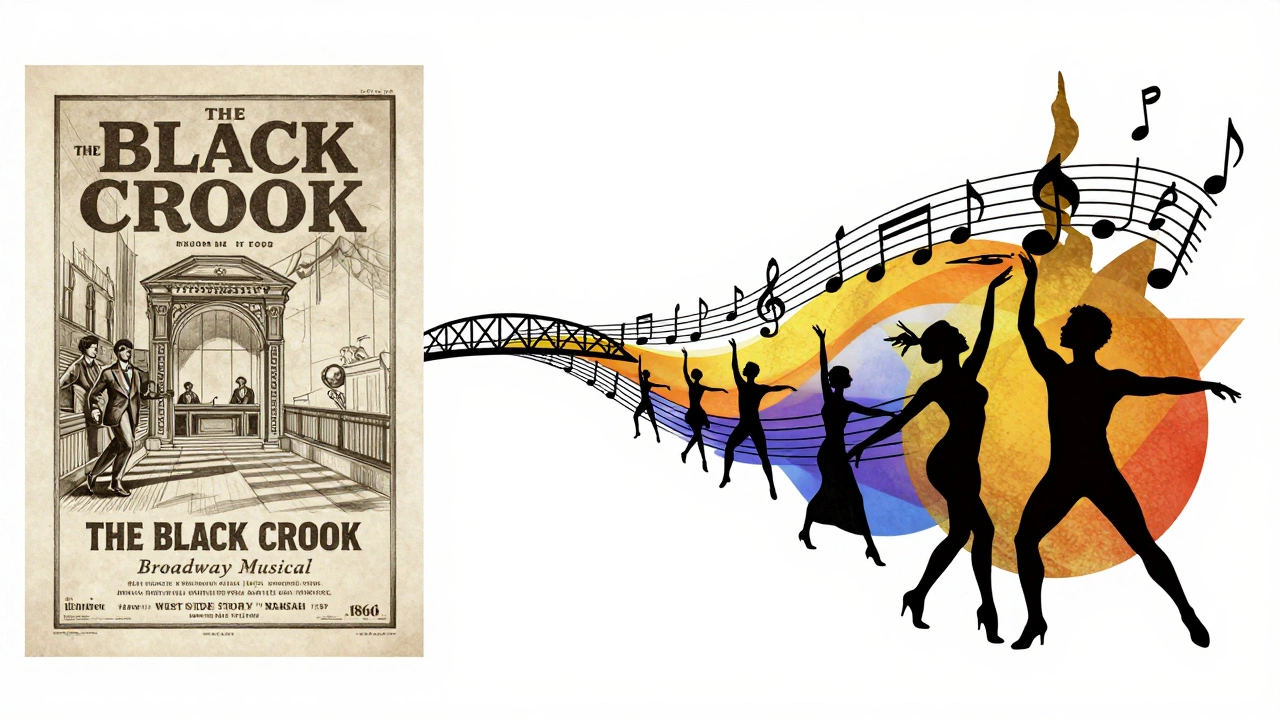 Visual metaphor linking 1866 theatrical origins to modern musicals.