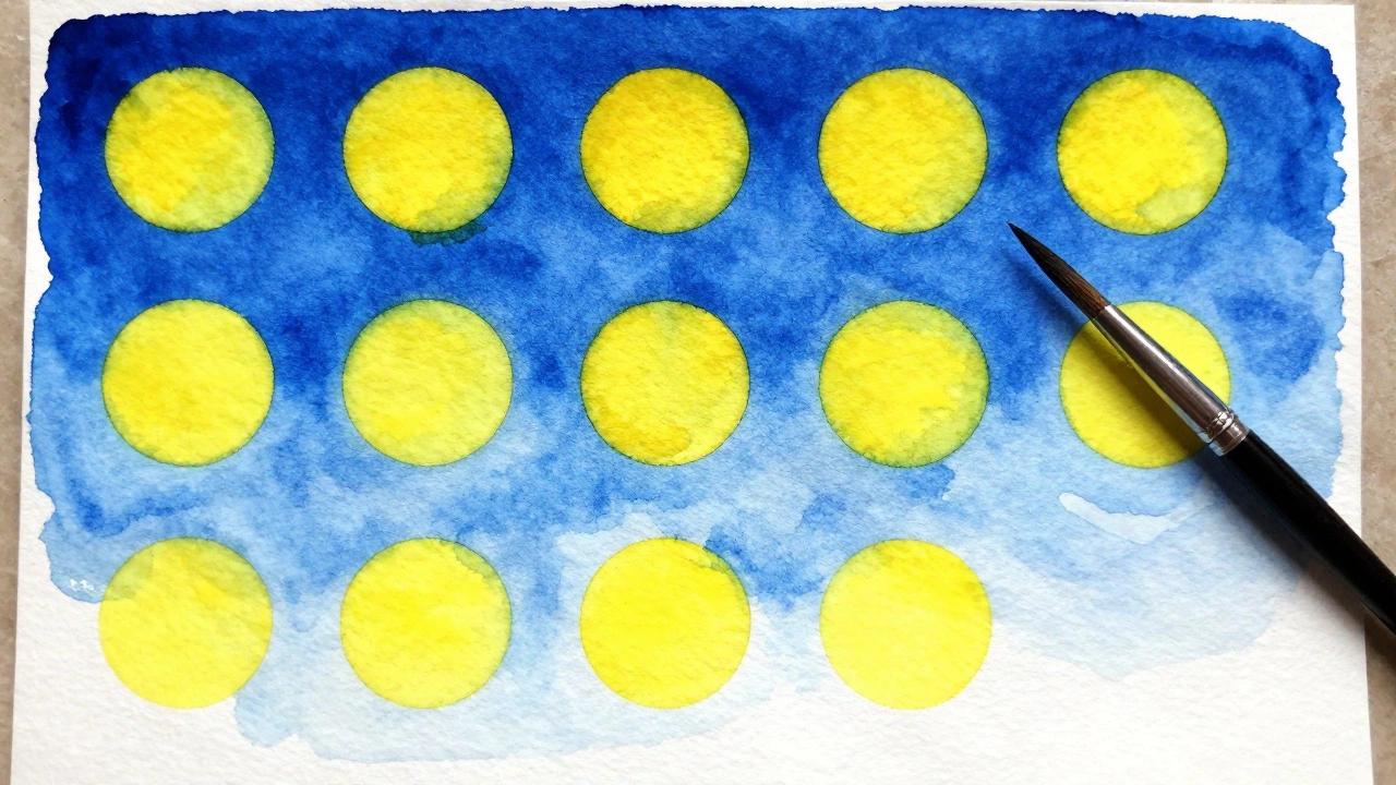Watercolor paper showing bright yellow shapes against a blue wash gradient