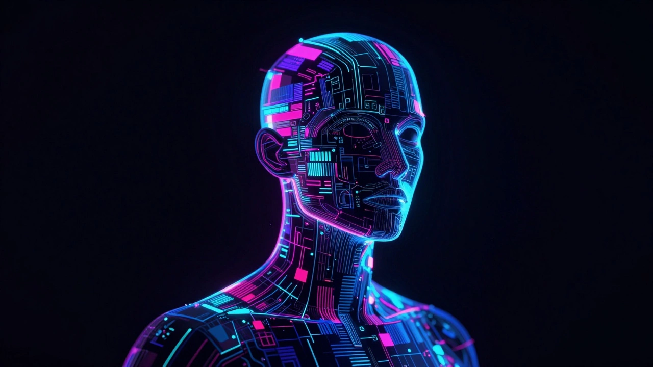 Abstract neon geometric avatar in dark space, symbolizing digital identity without a face.