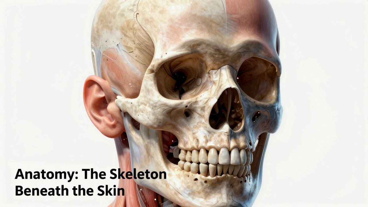 Anatomical study showing bone structure beneath human skin