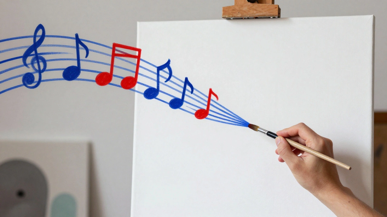 Artist's brush transforming into colors and music on a canvas