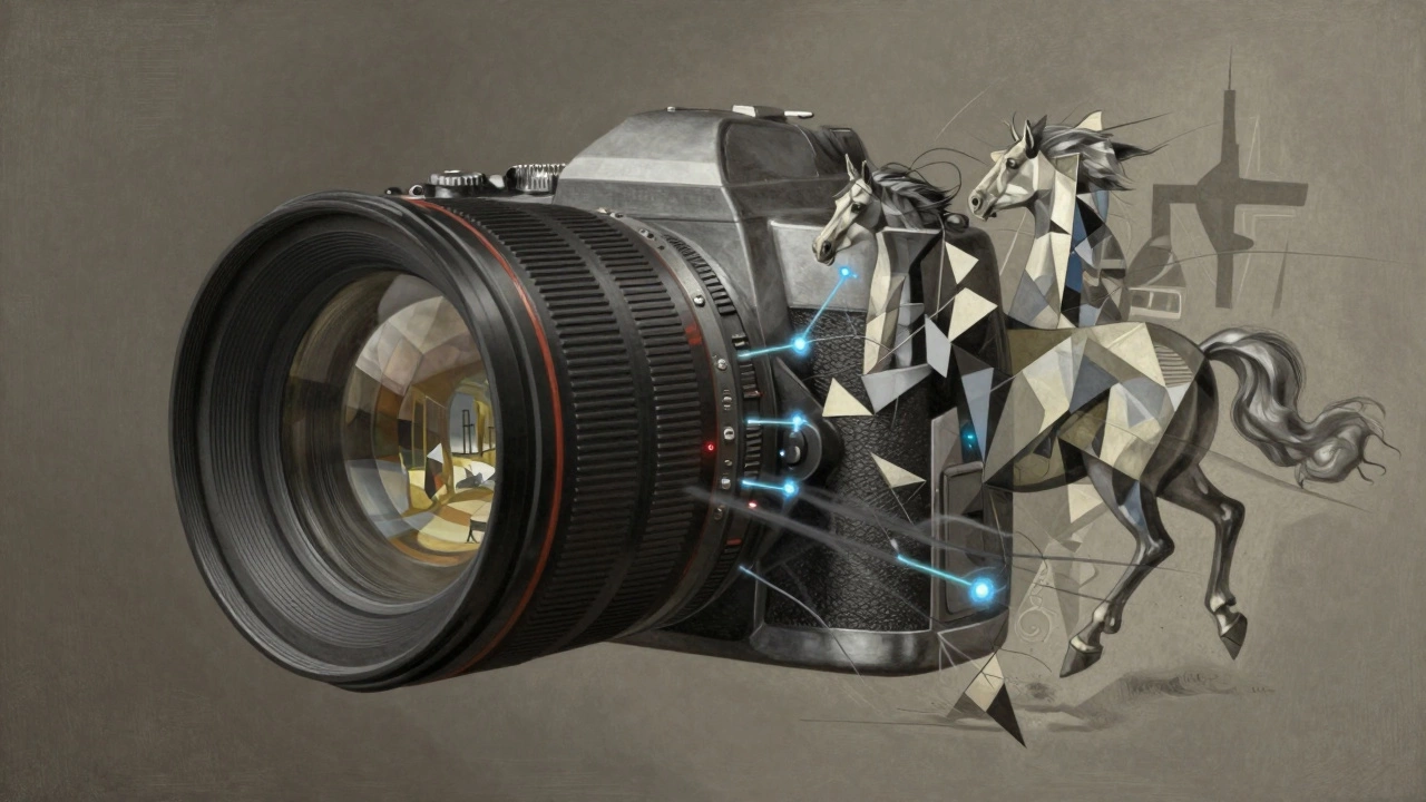 Camera lens reflecting fragmented cubist shapes and motion