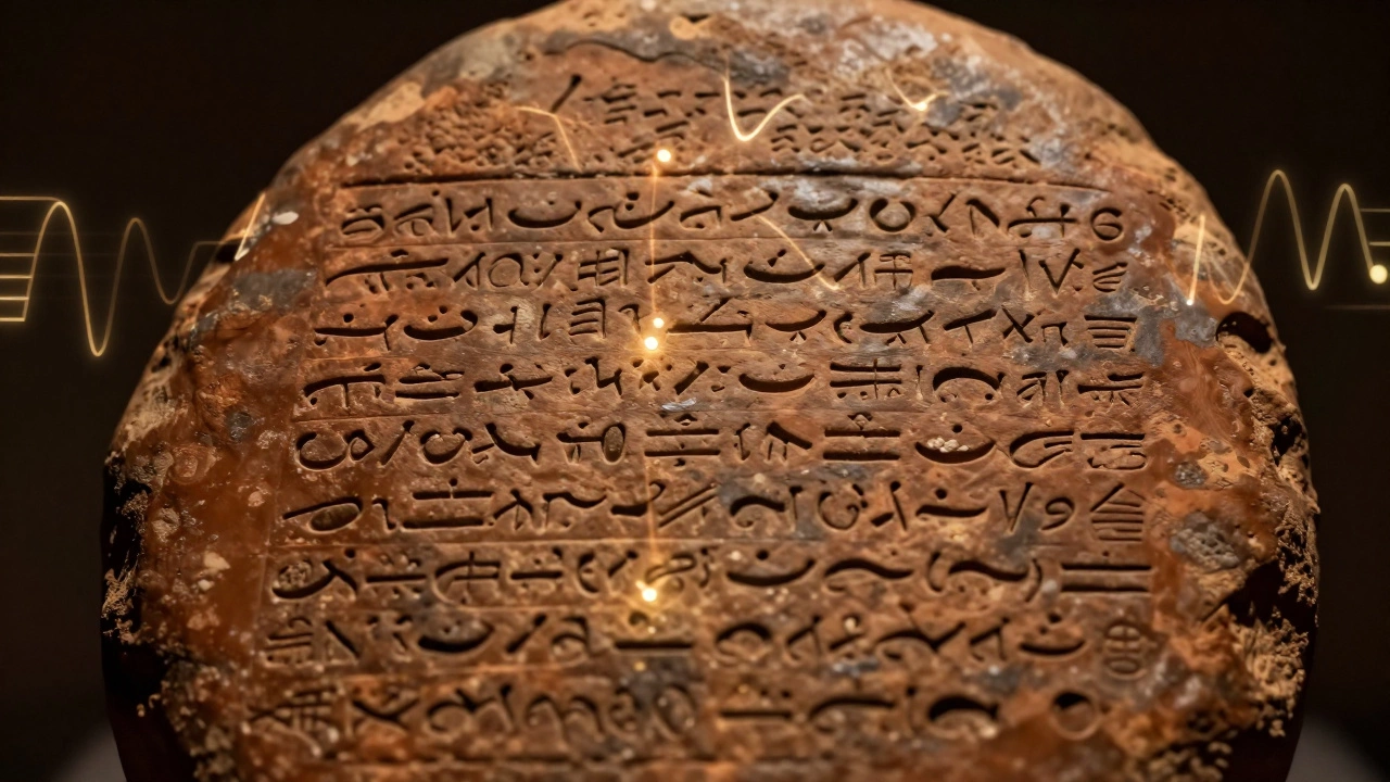 Close-up of clay tablet with cuneiform script representing Hurrian Hymn