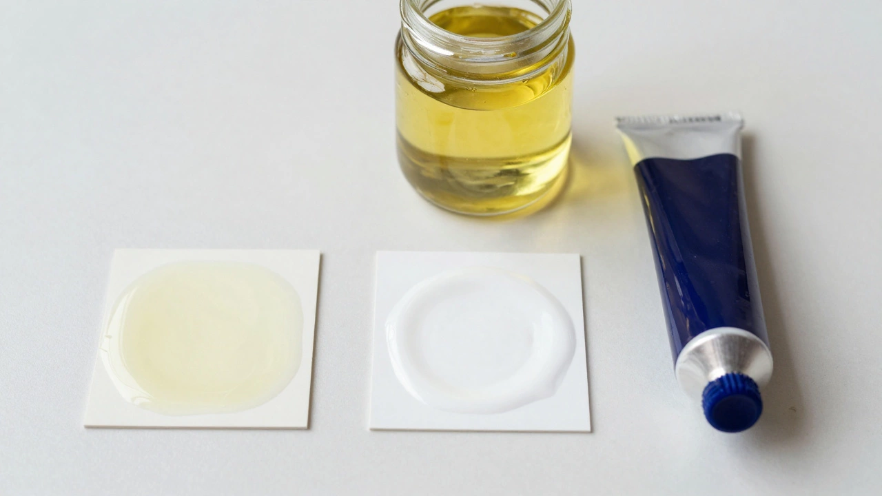 Comparison of white paint swatches showing yellowing effects of different oils.