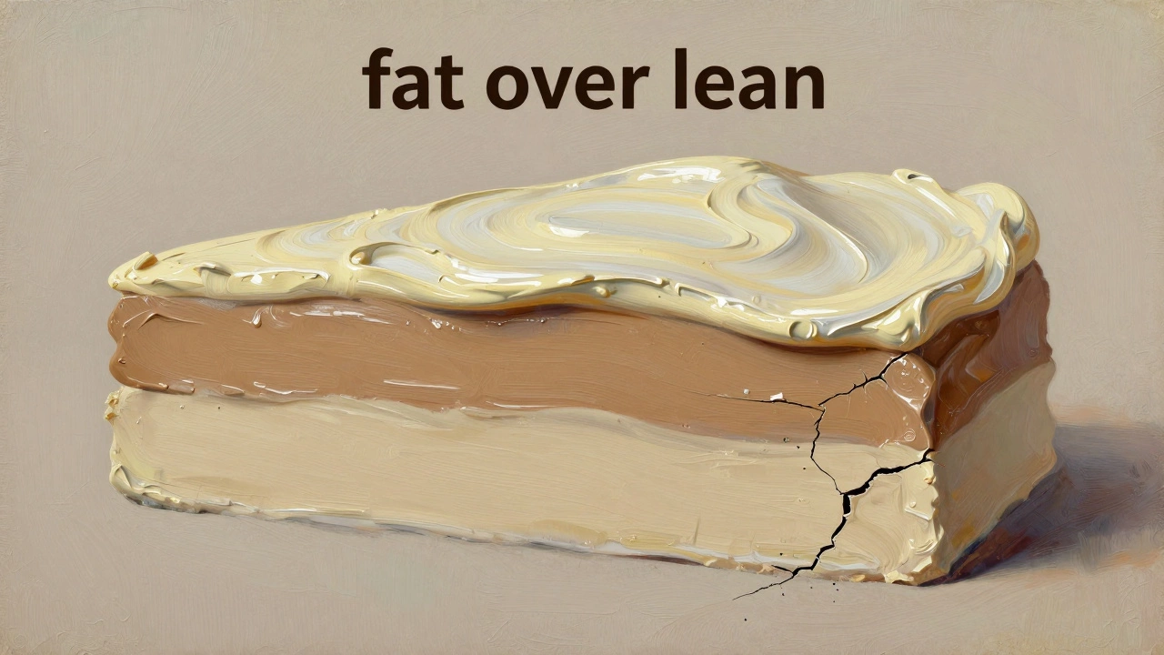 Cross-section of oil paint layers demonstrating fat over lean technique.