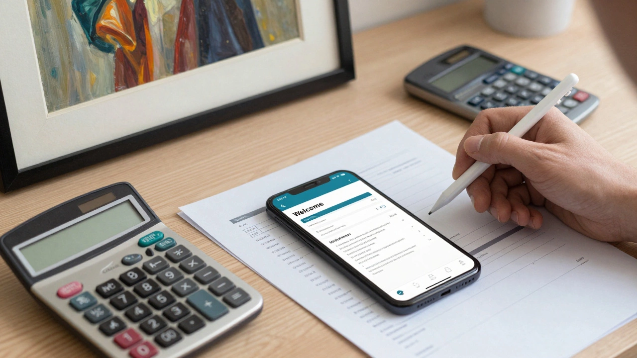 Desk with painting, calculator, and email marketing