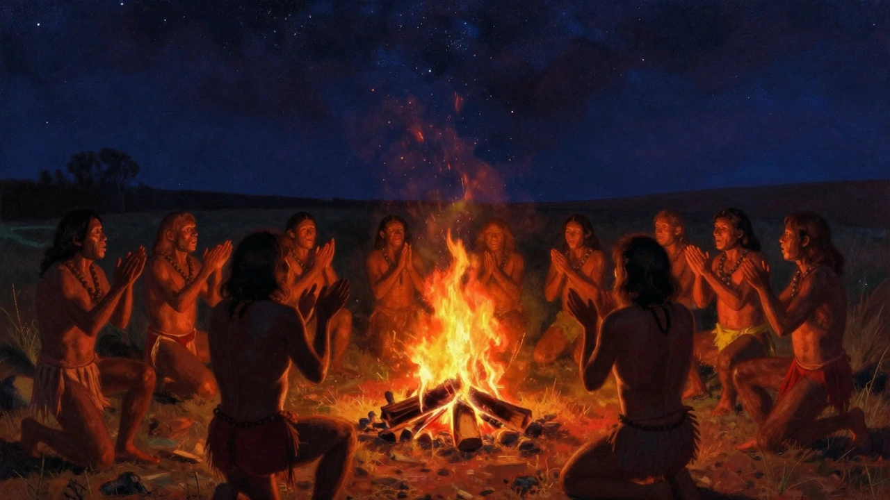 Early humans gathering around a campfire chanting and clapping