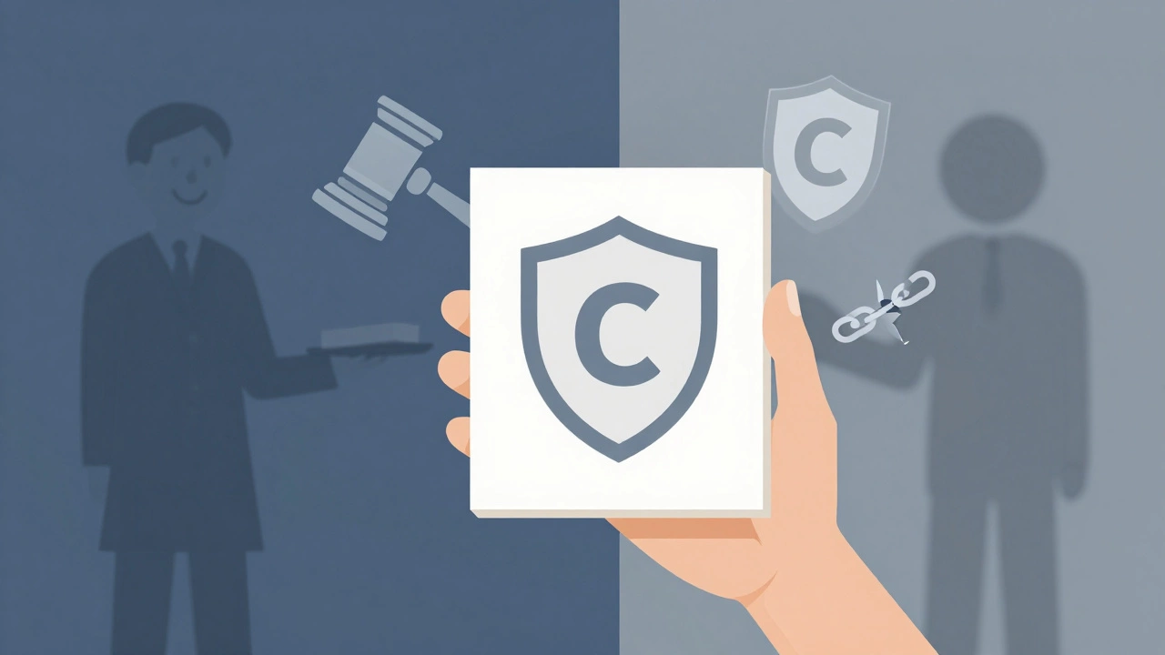 Illustration of copyright law concepts with gavel and painting icons