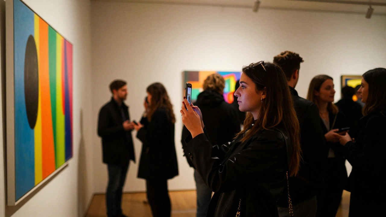 Influencer photographing an art installation at a gallery event