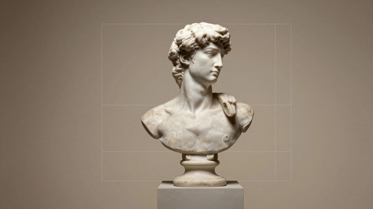 Marble bust framed by Golden Ratio geometric wireframe grid
