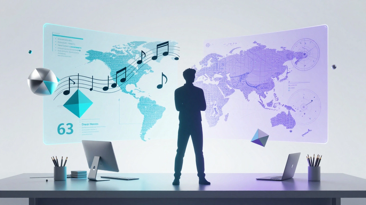 Modern thinker surrounded by merging holograms of science and language