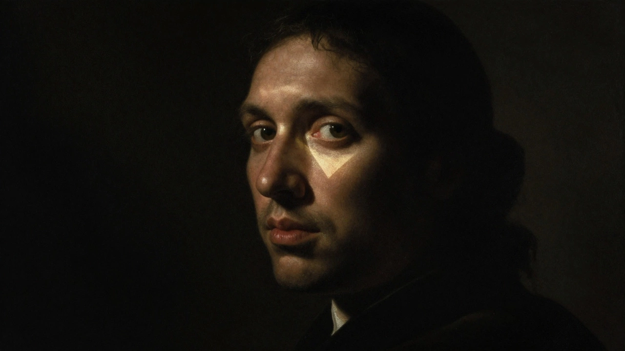 Portrait face lit by dramatic Rembrandt triangle lighting