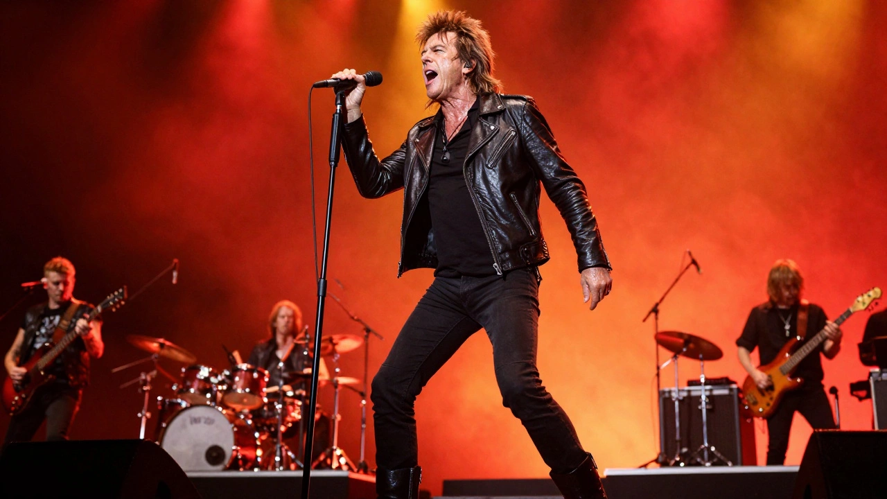 Roger Daltrey performing energetically on stage during his solo tour