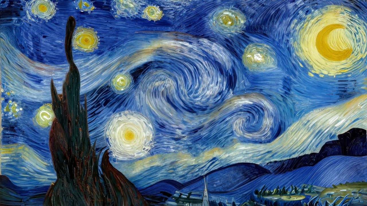 Van Gogh's Starry Night overlaid with a golden spiral guide