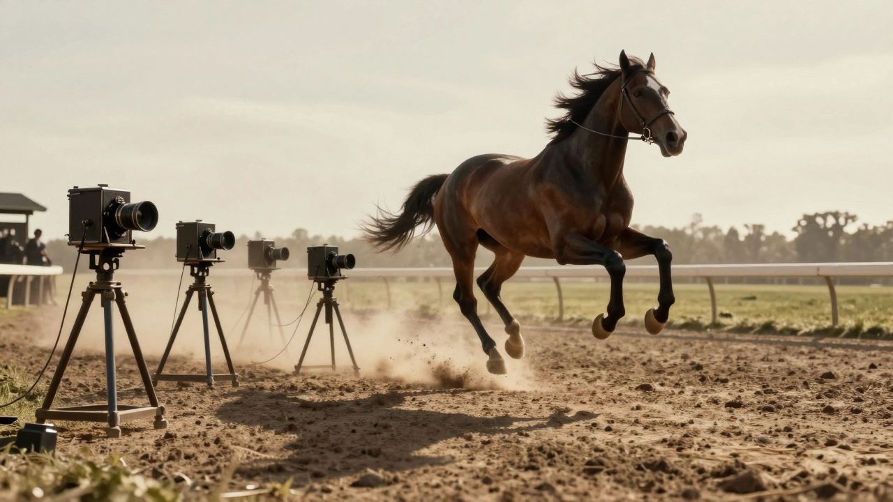 Vintage cameras capturing a horse mid-gallop on a racetrack