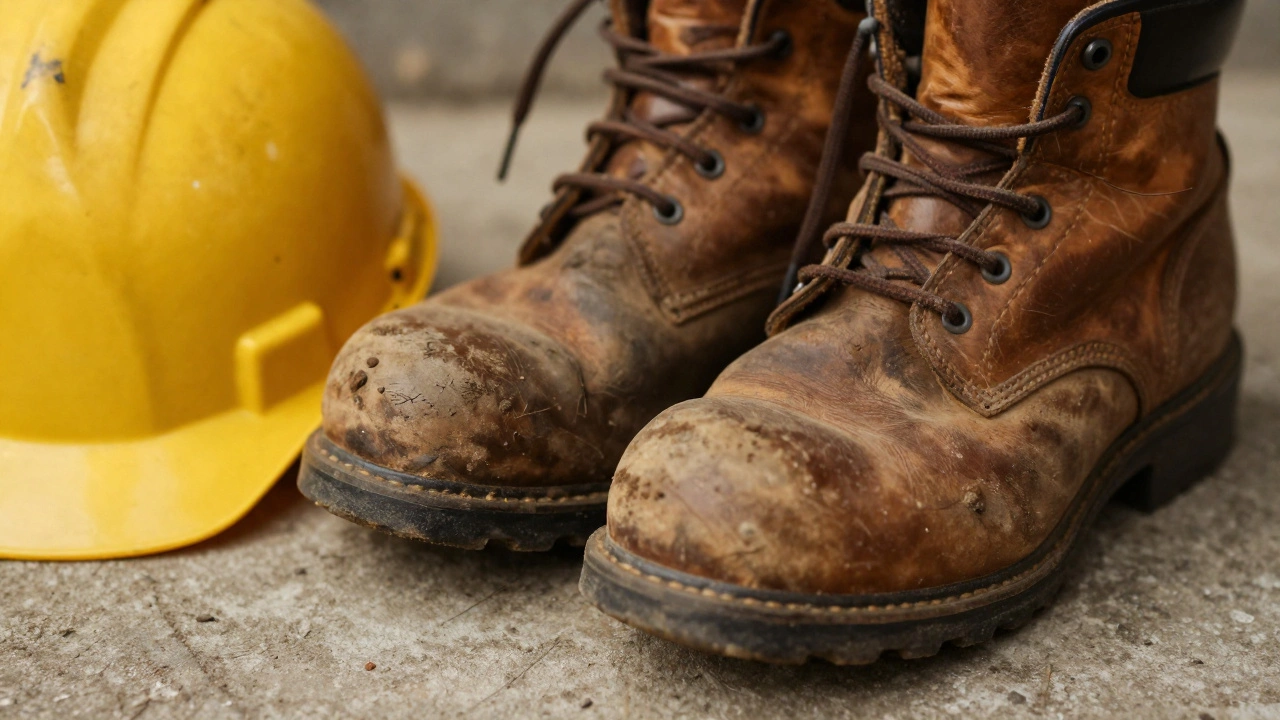 Worn work boots and hard hat on concrete, representing a worker's identity through objects.
