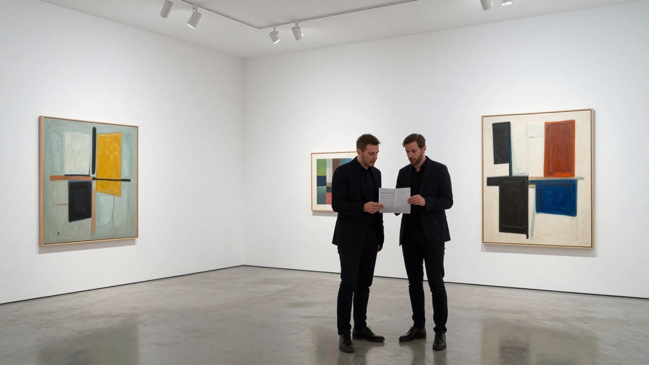 Artist and gallerist discussing contract in modern art gallery