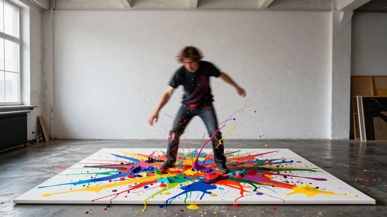 Artist creating energetic drip painting with colorful splatters on canvas