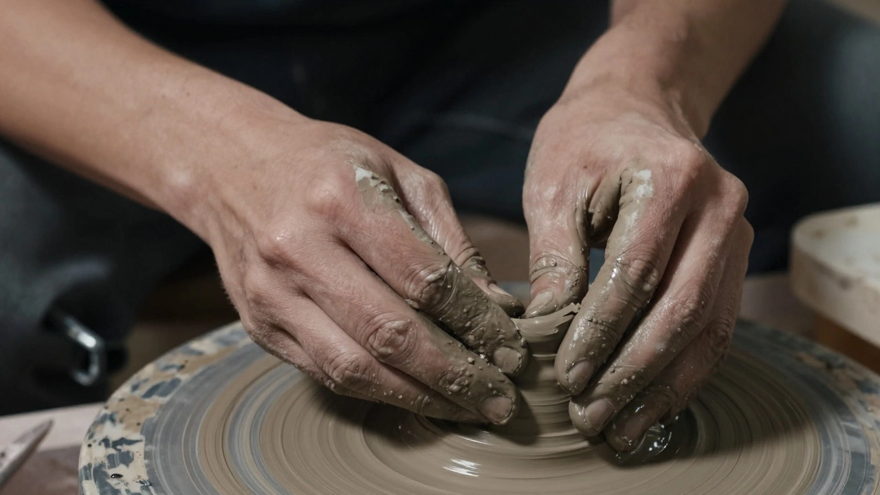 Close-up of hands shaping clay, emphasizing sculptural craftsmanship
