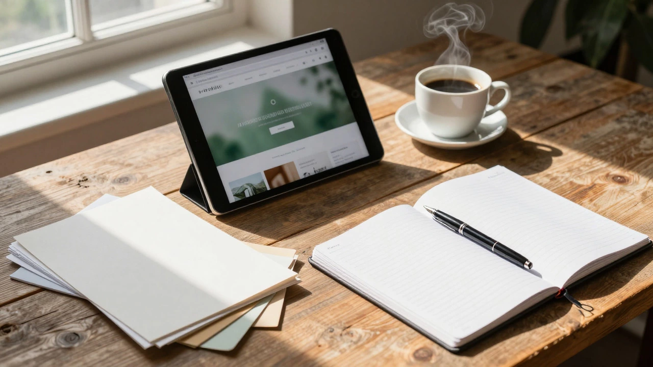 Desk with archival paper, pen, and tablet symbolizing art business