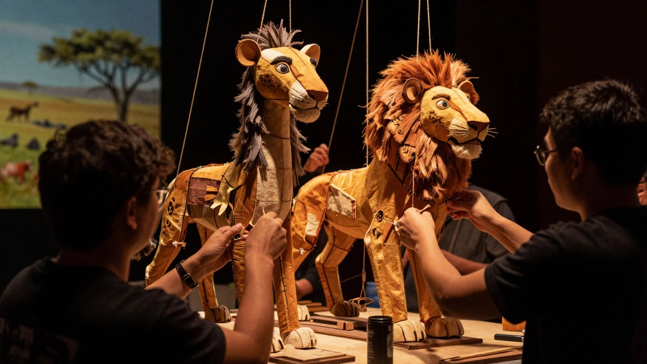 Elaborate animal puppetry mechanics backstage at a musical