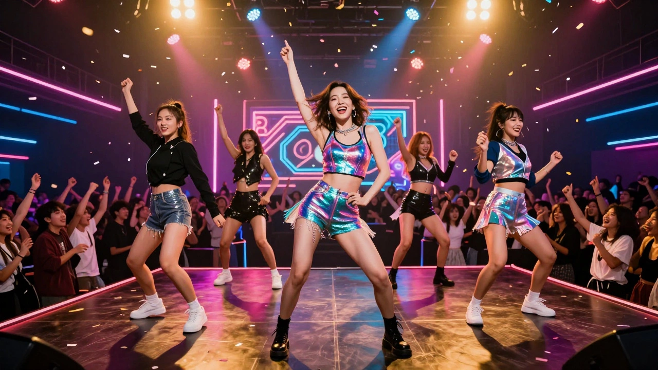 Energetic pop star performing in a neon-lit arena with dancing crowd