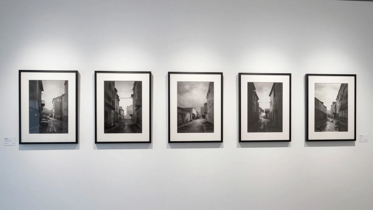 Gallery wall displaying series of framed fine art prints under spotlights