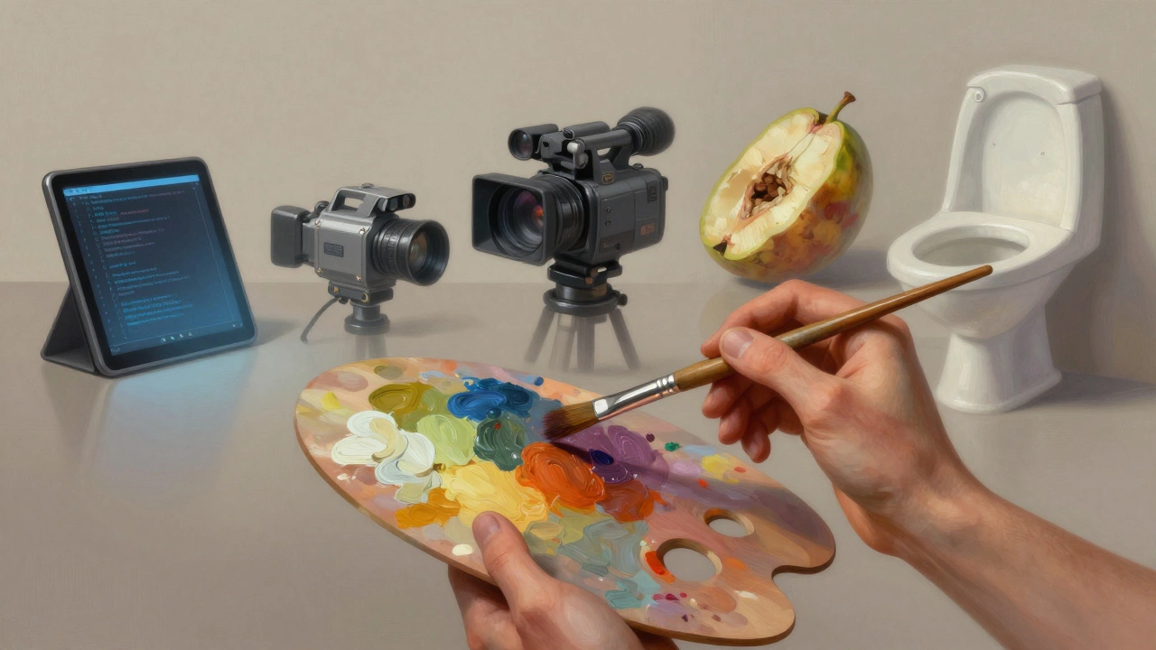 Hands holding paintbrush alongside digital devices and found objects representing art evolution