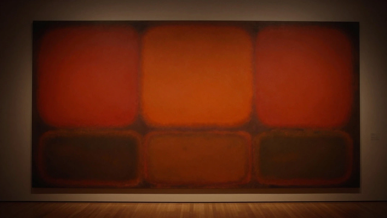 Large color field painting with soft red and orange rectangles in a gallery