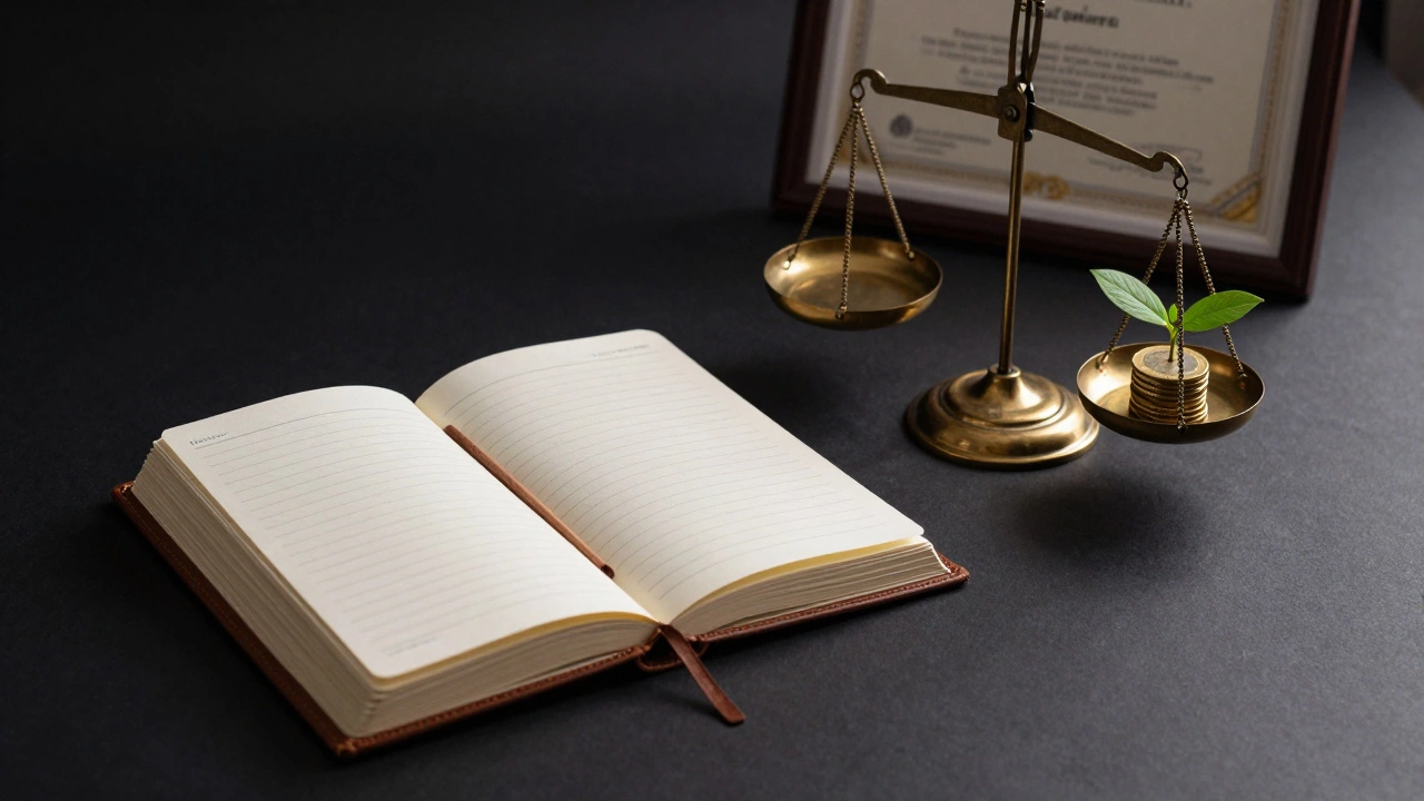 Ledger, scale, and awards symbolizing art pricing strategy
