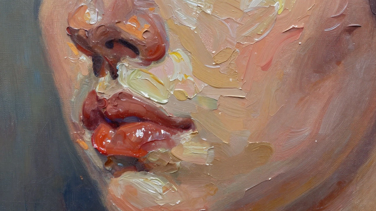 Macro view of textured impasto brushstrokes on canvas